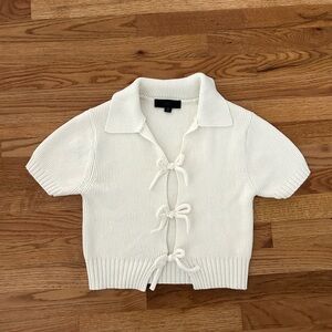 Zara Knit Bow Tie Short Sleeve Cardigan Cream